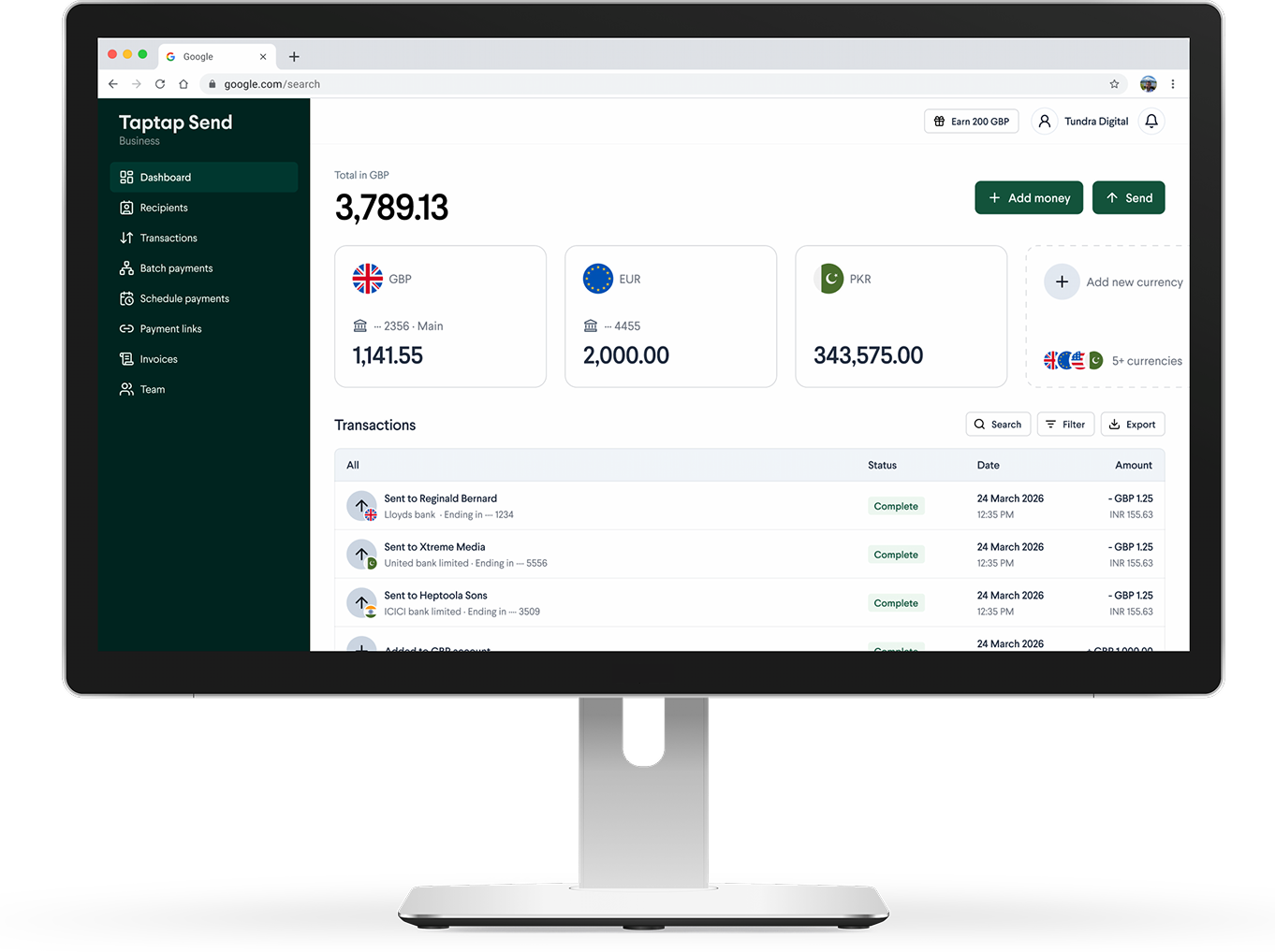 Taptap Send Business dashboard preview