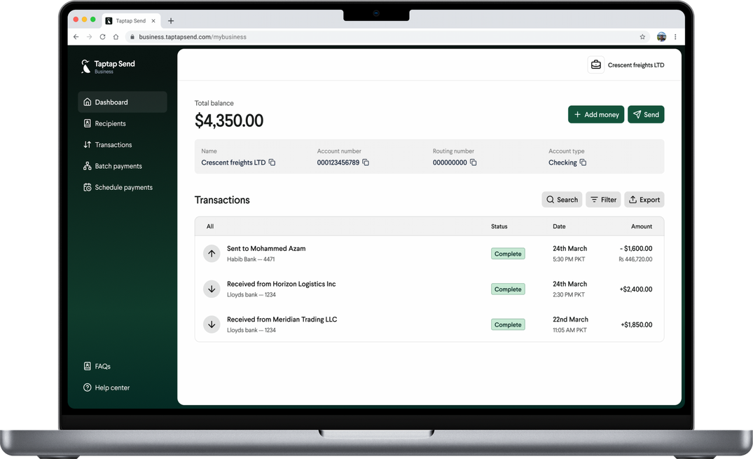 Taptap Send Business USD wallet dashboard